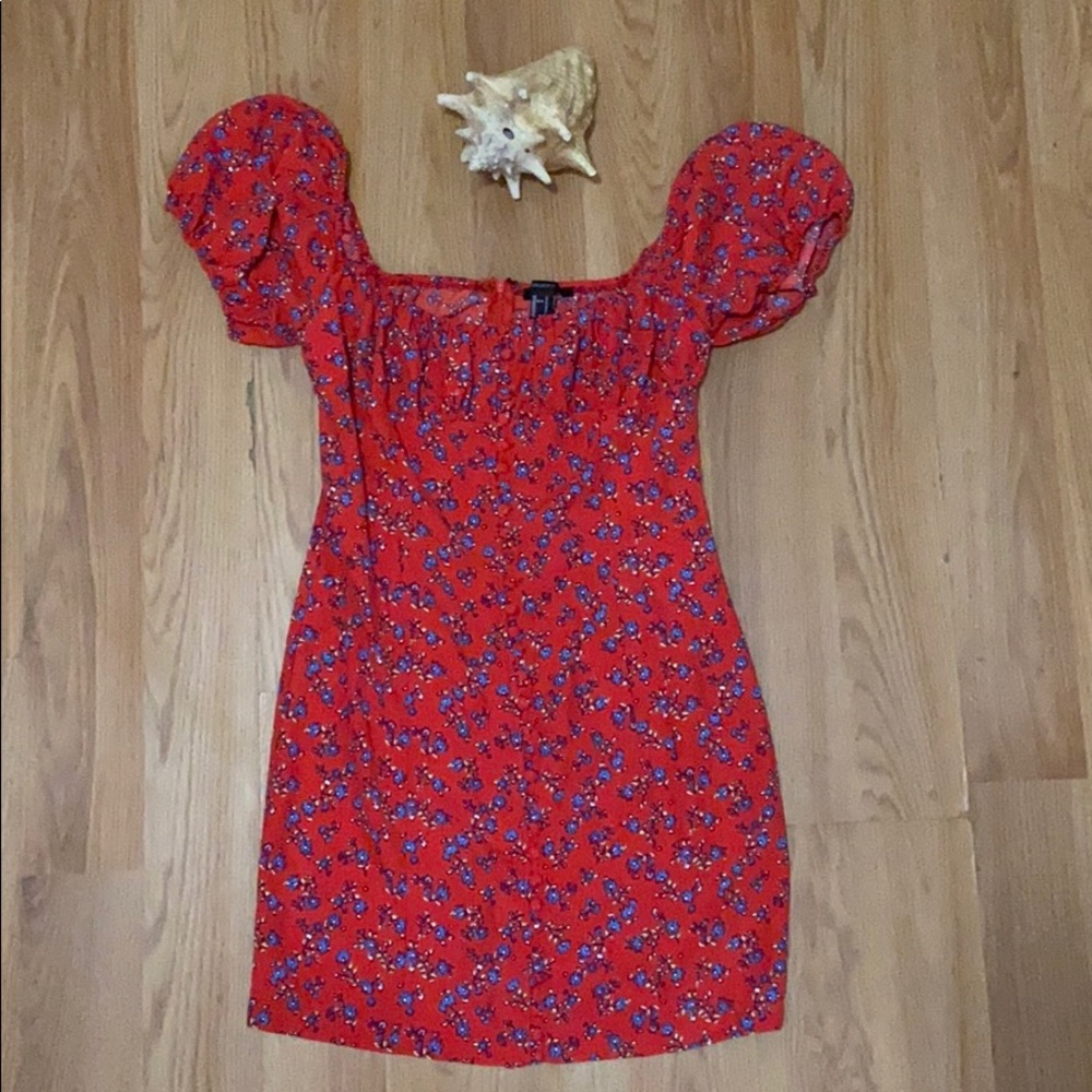 RED FLORAL PUFF SLEEVE MINI DRESS